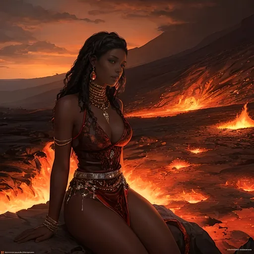 Prompt: Realistic digital painting of a stunning dark-skinned African woman, fiery dress, sitting in a lava-filled landscape with rocks and molten lava, majestic mountain in the background, highly detailed, realistic style, Bastien Lecouffe-Deharme, fantasy art, fine art, intense colors, volcanic ambiance, professional, atmospheric lighting