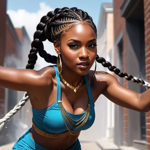 Prompt: a digital illustration of a beautiful dark skin woman with goddess braids in her hair using magic, bright magic, action shot, action pose, war scene, urban fantasy, intricate detail, hyper realistic

