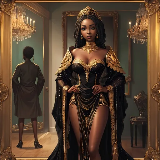 Prompt: a beautiful young african woman in a black dress and a gold frame with a mirror behind her and a gold frame with a picture of a woman in it, Chinwe Chukwuogo-Roy, fantasy art, highly detailed digital painting, a bronze sculpture