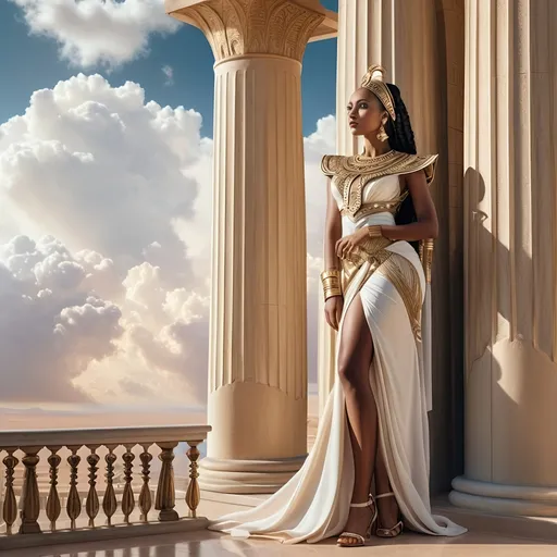 Prompt: Photorealistic matte painting of a Nubian woman, Ann Thetis Blacker, standing on a balcony next to a tall pillar, sky background with clouds, beautiful dress, afrofuturism, Egyptian art, realistic skin tones, detailed facial features, elegant pose, high quality, photorealism, matte painting, afrofuturism, Nubian beauty, elegant dress, detailed surroundings, atmospheric lighting