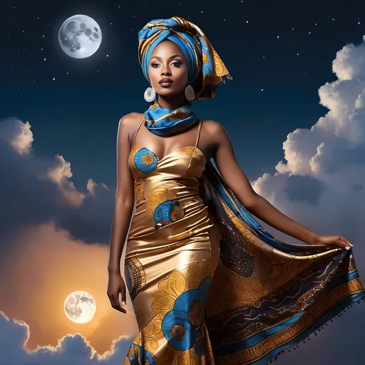 Prompt: realism, woman in dress, beautiful young dark skin african woman in head scarf, standing in clouds, full moon in background, star filled sky, Chinwe Chukwuogo-Roy, afrofuturism, highly detailed digital painting, detailed matte painting, detailed clouds, realistic facial features, flowing dress, authentic head scarf, moonlit sky, atmospheric lighting