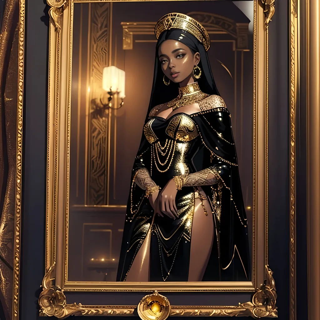 Prompt: Beautiful young African woman in a black dress, gold frame with a mirror, gold frame with a detailed portrait of Chinwe Chukwuogo-Roy, highly detailed digital painting, bronze sculpture, ads-fashion editorial style, elegant, sophisticated, luxurious, detailed facial features, rich color tones, high-end quality, fantasy art, professional lighting