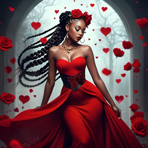 Prompt: 2d dark j horror anime style, anime scene Glamour photography Glamour photography a beautiful young african woman with a red dress and a red rose in her hair long flowing beautiful goddess braids, full body passionately posed, floating hearts scattered about in the background, hourglass figure Bastien L. Deharme, fantasy art, dark fantasy art, a character portrait in the style of Guy Aroch captured with soft focus and muted colors typical of early film photography captured with soft focus and muted colors typical of early film photography, 3d, photo
