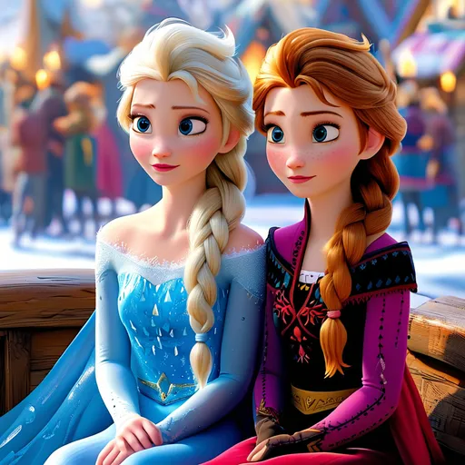 Prompt: Elsa and Anna in full height sitting apart