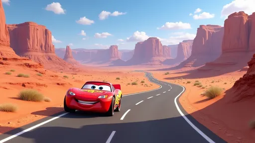 Prompt: Winding empty road from the cartoon Lightning McQueen