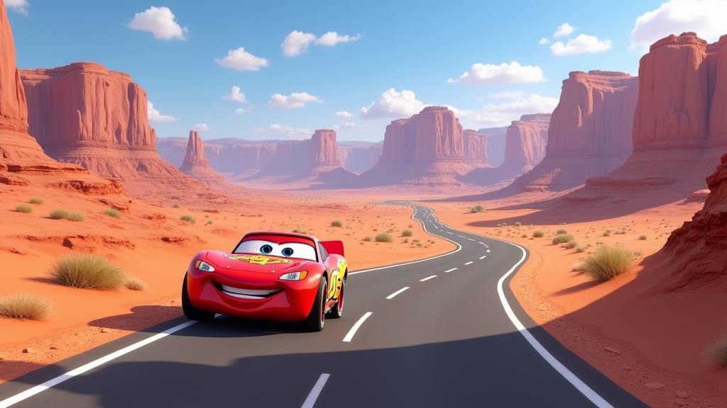 Prompt: Winding empty road from the cartoon Lightning McQueen