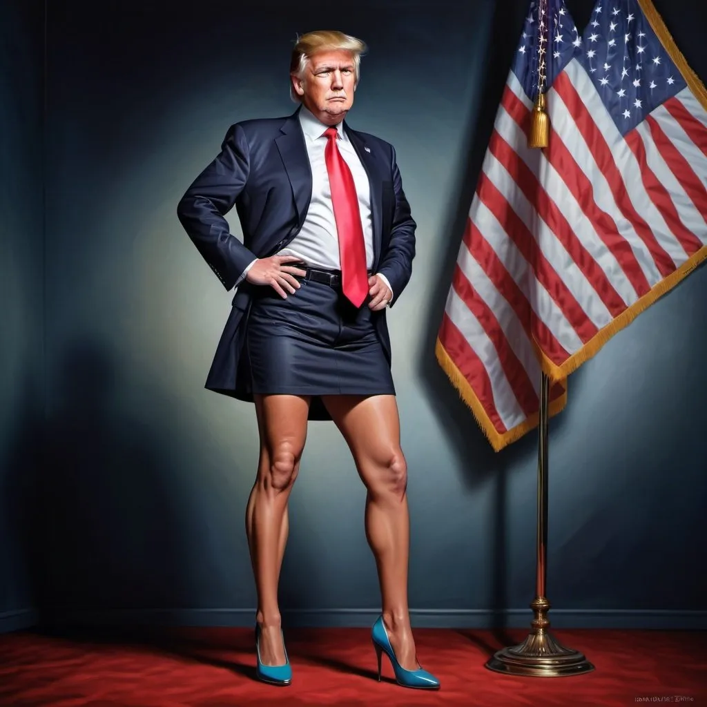 Prompt: Donald Trump in short skirt and heels, realistic digital art, detailed facial features, high quality, realistic, political satire, bold colors, professional lighting
