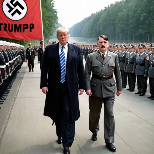 Prompt: Donald Trump walking side by side next to Adolf Hitler. A banner above the picture says “American Nazi”