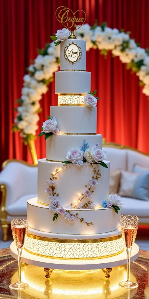 Prompt: "A breathtaking, multi-tiered wedding cake exuding luxury and romance, crafted with a sleek modern design. The cake showcases pristine white frosting accented with shimmering gold details, featuring a striking base illuminated by soft, warm golden lights and intricately patterned geometric gold panels that reflect the light elegantly. Each tier is adorned with delicate soft blue flowers, vibrant pastel pink roses, and elaborate edible decorations, including a stunning heart-shaped topper engraved with the names 'Sofian' and 'Najla' in refined gold lettering that glistens subtly. The background features rich red draped curtains cascading gracefully, complemented by a lush floral arch bursting with white blossoms and greenery, creating a regal frame. In the foreground, a stylish gold-accented sofa with plush cushions adds opulence, paired with two intricately designed heart-shaped champagne glasses filled with sparkling rosé, resting on a sleek glass table. The scene unfolds in a festive, impeccably lit wedding venue, infused with a magical and opulent atmosphere, enhanced by soft cinematic lighting that highlights every texture and detail. Rendered in ultra-high detail, 4K resolution, captured from a close-up angle to emphasize the cake’s exquisite craftsmanship and the surrounding elegance, with a hint of a dreamy bokeh effect in the background