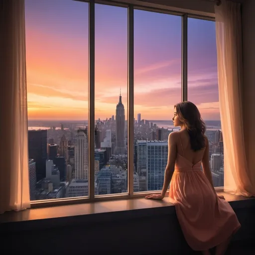 Prompt: 
The cityscape is bathed in the warm, golden hues of sunset, with skyscrapers and buildings silhouetted against the vibrant sky. The sun's descent casts a gentle glow over the concrete jungle, softening the urban landscape.

As the light fades, the city's lights begin to twinkle like stars, casting a magical ambiance over the scene. The sky transitions from shades of orange and pink to deep blues and purples, a breathtaking sunset canvas.

In the midst of this breathtaking view, one window shines exceptionally bright, like a beacon of light. The window is several stories up, and its radiance stands out amidst the city's twinkling lights. This is Sophia's presence, symbolized by the bright light, shining like a guiding star in the heart of the city.

The light from the window casts a warm glow on the surrounding buildings, creating a sense of hope and comfort. It's as if Sophia's presence is illuminating the path for those around her, offering a sense of peace and tranquility in the midst of the bustling city.

The contrast between the bright window and the fading sunset creates a sense of balance, symbolizing the harmony between Sophia's inner light and the external world. The city, once a place of darkness and shadows, is now transformed by Sophia's presence, becoming a haven of warmth and inspiration.
