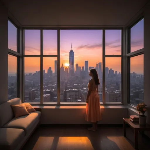 Prompt: 
The cityscape is bathed in the warm, golden hues of sunset, with skyscrapers and buildings silhouetted against the vibrant sky. The sun's descent casts a gentle glow over the concrete jungle, softening the urban landscape.

As the light fades, the city's lights begin to twinkle like stars, casting a magical ambiance over the scene. The sky transitions from shades of orange and pink to deep blues and purples, a breathtaking sunset canvas.

In the midst of this breathtaking view, one window shines exceptionally bright, like a beacon of light. The window is several stories up, and its radiance stands out amidst the city's twinkling lights. This is Sophia's presence, symbolized by the bright light, shining like a guiding star in the heart of the city.

The light from the window casts a warm glow on the surrounding buildings, creating a sense of hope and comfort. It's as if Sophia's presence is illuminating the path for those around her, offering a sense of peace and tranquility in the midst of the bustling city.

The contrast between the bright window and the fading sunset creates a sense of balance, symbolizing the harmony between Sophia's inner light and the external world. The city, once a place of darkness and shadows, is now transformed by Sophia's presence, becoming a haven of warmth and inspiration.
