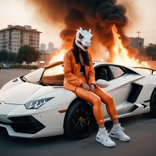 Prompt: photograpy, woman wearing latex clothes and dinosaur mask and white nike air shoes sitting inside a lamborghini while the city in foreground is burning. full shot hyperrealistic 4k low light