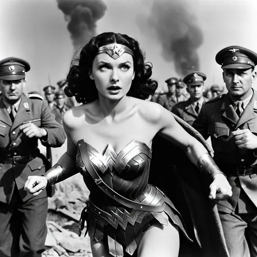 Prompt: Vivian Leigh as wonder woman fighting the nazis, 1940s movie 