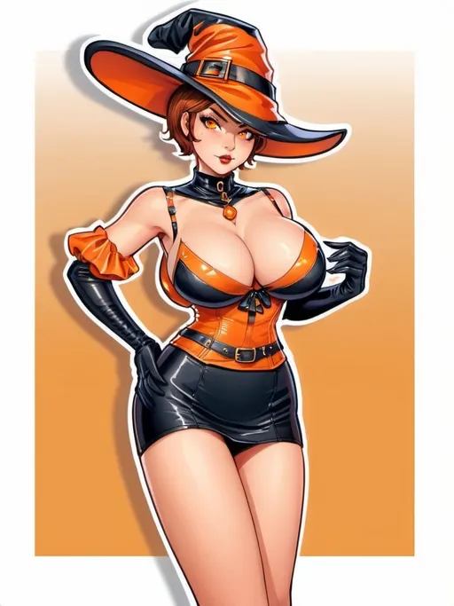 Prompt: Curvy witch with short brown hair, showcasing cleavage, vibrant orange tones, high quality, detailed, digital art, professional, cute face, wearing latex, wearing hat, skimpy, fantasy, mystical lighting, mystical atmosphere, detailed eyes, professional lighting, wearing tight mini-skirt, sultry, underwear