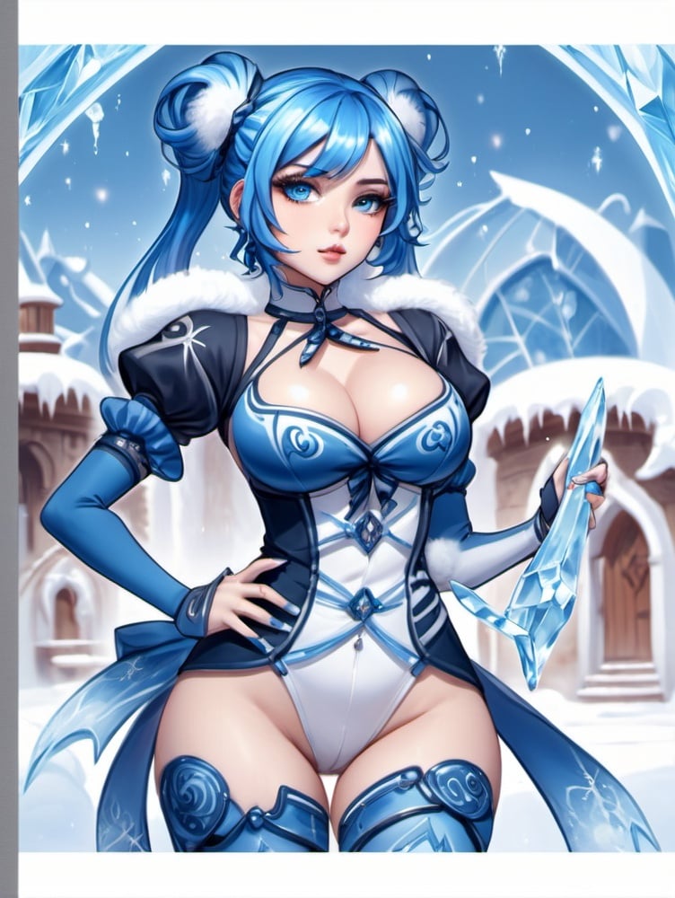 Prompt: Curvy girl, twin tail blue hair, sultry expression, high heels, ice magic, cleavage, blue and white color scheme, cute face, detailed curves, high-res, fantasy, digital art, magical atmosphere, skimpy, sultry gaze, ice crystals, detailed clothing, high quality, detailed, fantasy art, digital painting, enchanting lighting