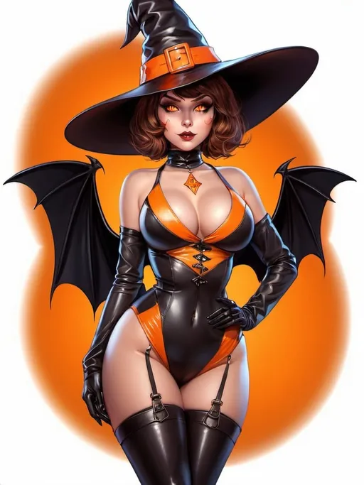 Prompt: Curvy witch with short brown hair, showcasing cleavage, vibrant orange tones, high quality, detailed, digital art, professional, cute face, wearing latex, wearing hat, bat shaped outfit, skimpy, fantasy, mystical lighting, mystical atmosphere, detailed eyes, professional lighting