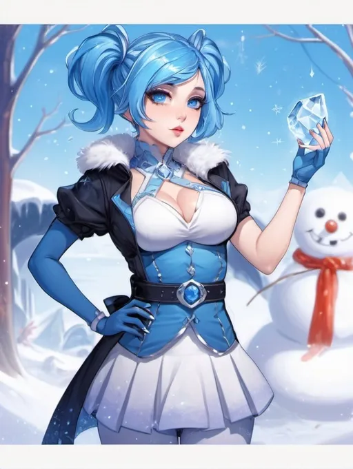 Prompt: Curvy girl, twin tail blue hair, sultry expression, high heels, ice magic, cleavage, blue and white color scheme, cute face, detailed curves, high-res, fantasy, digital art, magical atmosphere, skimpy, sultry gaze, ice crystals, detailed clothing, high quality, detailed, fantasy art, digital painting, enchanting lighting