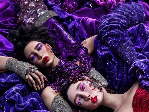 Prompt: vogue high fashion models in red dress laying blissed out to broken roman sculpture head draped and dripping with diamonds glittering sparkling jewels wrapped in purple blue crushed velvet vaporwave style vaporware 