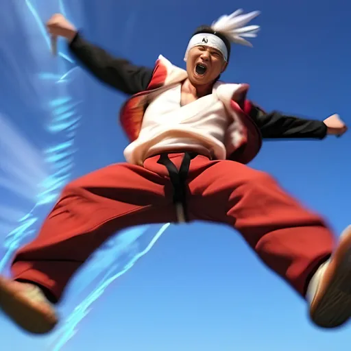 Prompt: Japanese man does ninja high jump legs and arms spread with motion and feeling explosive energy beaming out with motion lines of expression 