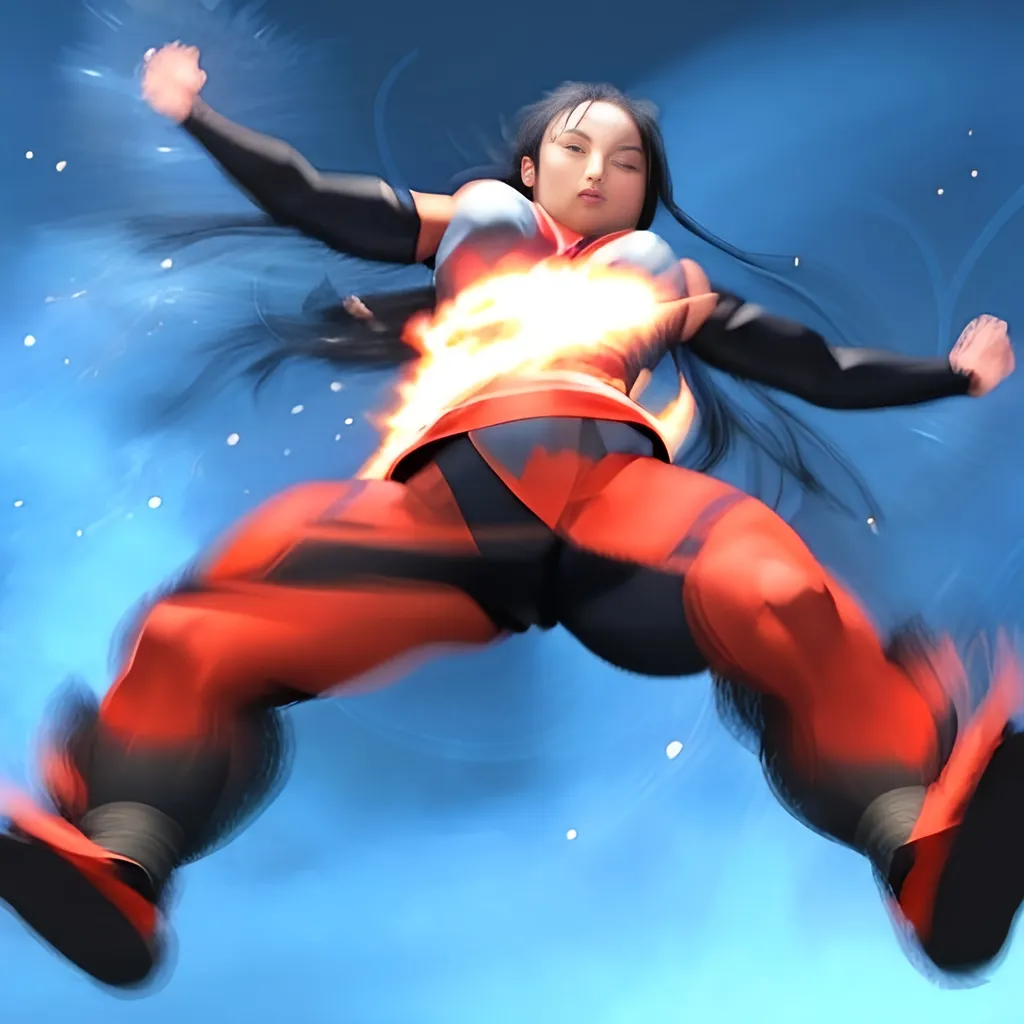 Prompt: asian woman black ninja high jump legs arms spread with motion feeling explosive energy beaming out with motion lines of expression of chi energy force zen universe style cosmic void sky