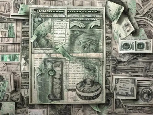 Prompt: one dollar bill fine line art drawing origami paper texture cross word puzzle maze collage cut and paste money dollar bill cash new world order