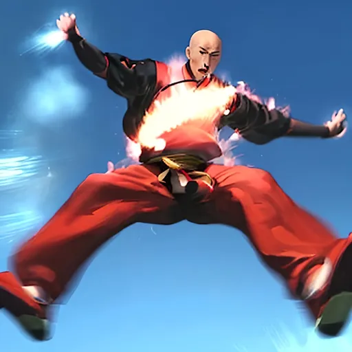 Prompt: Chinese man ninja high jump legs arms spread with motion feeling explosive energy beaming out with motion lines of expression of chi energy force zen universe feeling