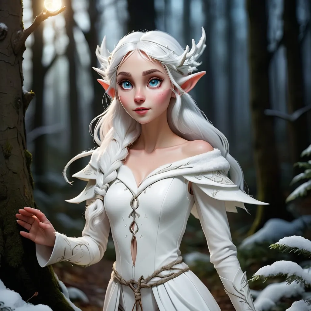 Prompt: Snow elf Dressed in white,  walking in a forest in the moonlight casting spells