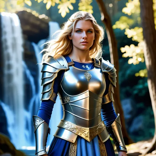 Prompt: (photorealistic) beautiful woman, long mid back length wavy blonde locks tied back, striking blue eyes, cold gaze, toned physique, standing confidently, Sun symbol on head, champion of light, (full heavy plate armor) shimmering in sunlight, realistic flat chestplate, silver armor with golden inlaid accented trim, sun priestess, battlemage, spellsword, sun themed symbols, striking dark blue coloured fabric under armour, Short knee length skirt trim, lush green forest surrounding her, majestic tree in the background, cascading waterfall adding a serene touch, dynamic character portrait, intricate details, high depth and texture, vibrant colors, HD quality, enchanting atmosphere.