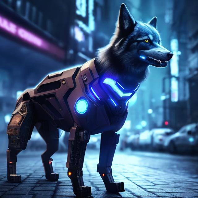 Prompt: realistic cyber whole-body dog on a dark city fantasy