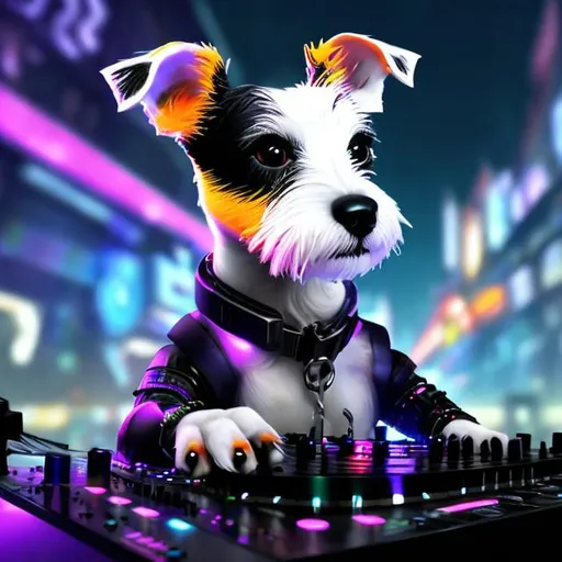 Prompt: realistic cyber dj jack russell terrier on a dark city fantasy