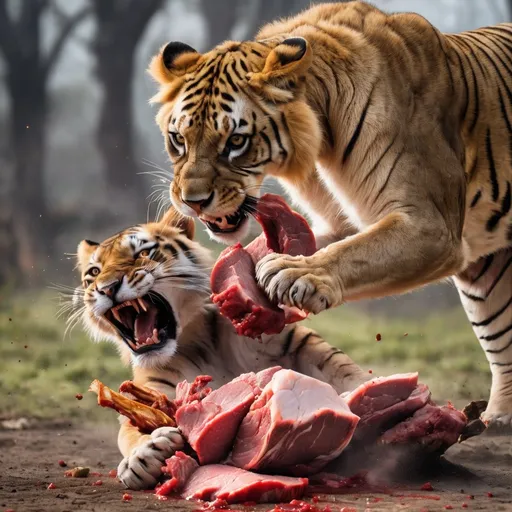 Prompt: A lion fighting a tiger over a chunk of meat