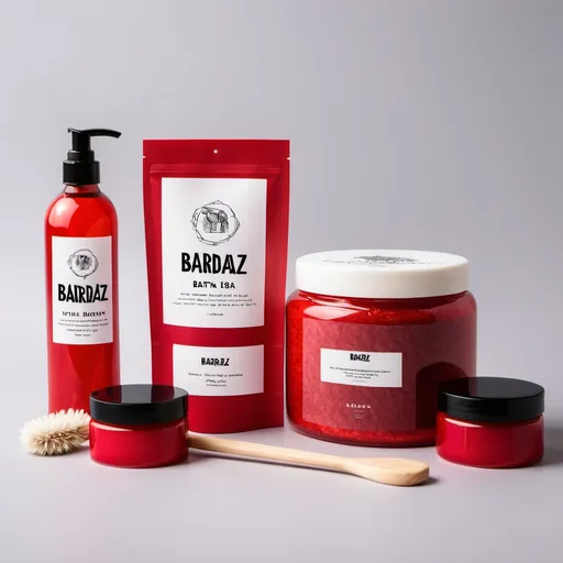 Prompt: Red handmade bath routine pack with "BARDAZ" label