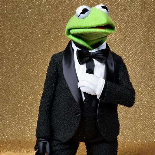 Prompt: kermit the frog in a tuxedo with a gold watch, looks like he is the boss, realistic, 4-k