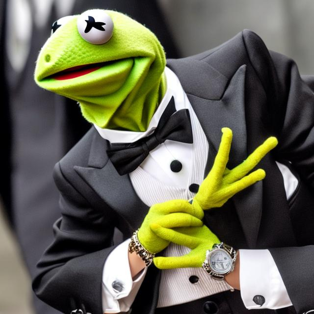 Prompt: kermit the frog in a tuxedo with a gold watch, looks like he is the boss, realistic, 4-k
