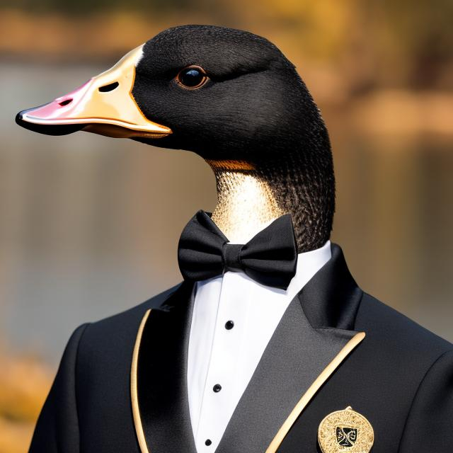 Prompt: a goose in a tuxedo with a gold watch, looks like he is the boss, realistic, 4-k