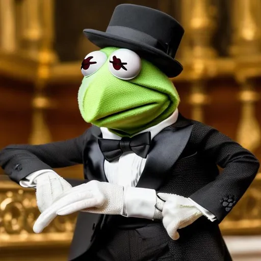 Prompt: kermit the frog in a tuxedo with a gold watch, looks like he is the boss, realistic, 4-k