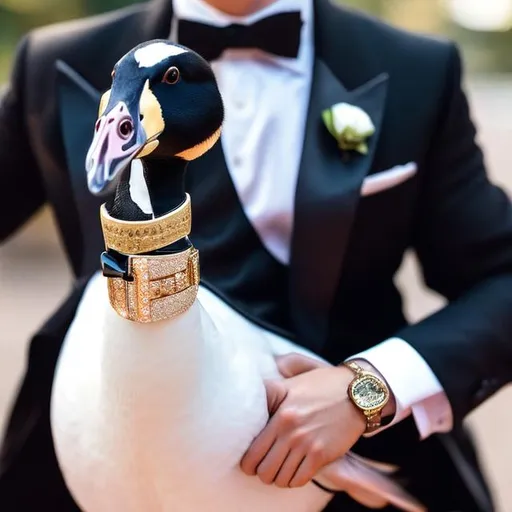 Prompt: a goose in a tuxedo with a gold watch, looks like he is the boss, realistic, 4-k