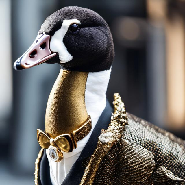 Prompt: a goose in a tuxedo with a gold watch, looks like he is the boss, realistic, 4-k