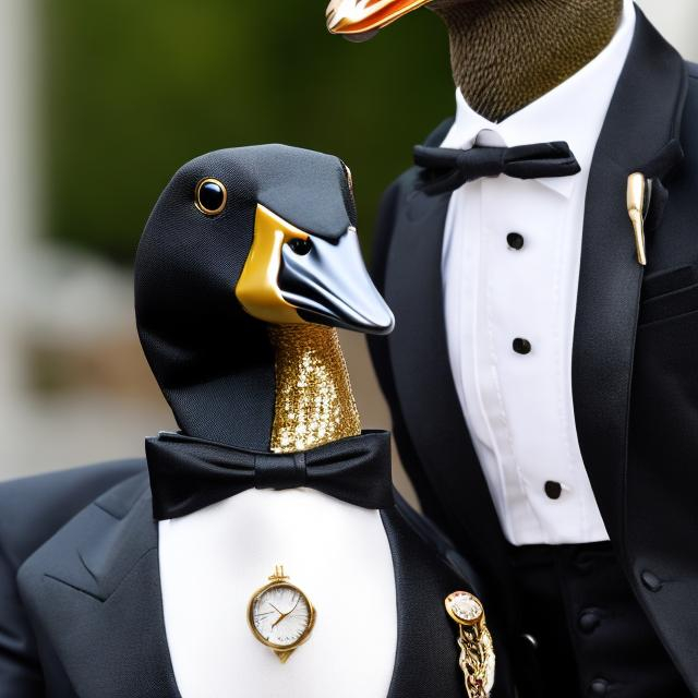 Prompt: a goose in a tuxedo with a gold watch, looks like he is the boss, realistic, 4-k