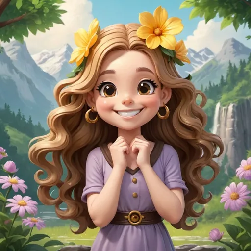 Prompt: thinker bell charactor with long wavy hair flower on her hair smiling with nature background