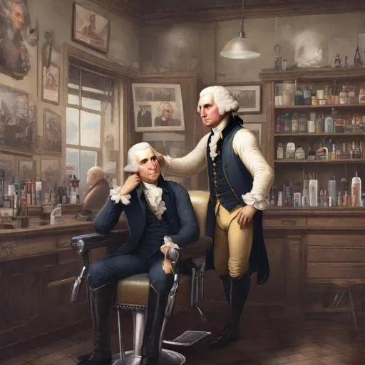 Prompt: American president george washington with a fade haircut in a modern barbershop, his hair is cut by donald trump