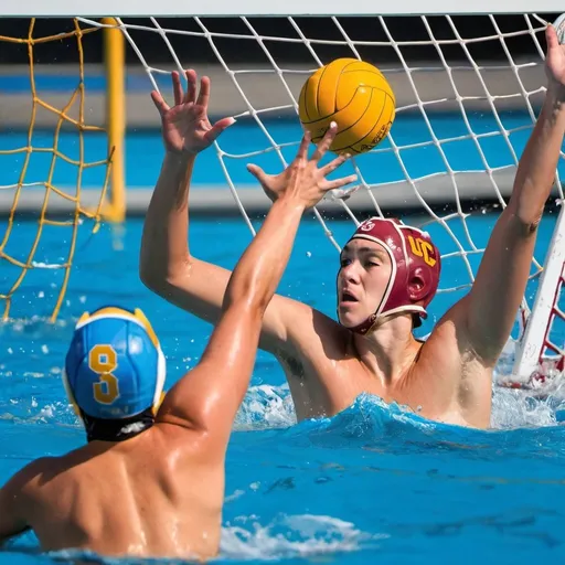 Prompt: a water polo player from the usc shoots the ball against a goal with a goalkeeper from ucla high out of the water, 