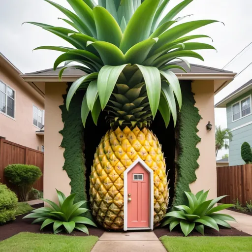 Prompt: upside down pineapple that has house features such as a door, windows, and the green leaves of the pinapple is the house's garden