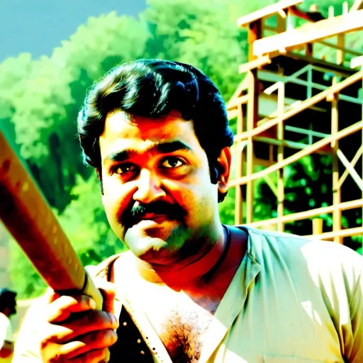 Prompt: Generate a an image with actor mohanlal working as Mason in a construction site with his co workers and doing the plastering job