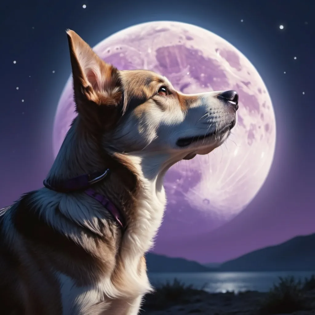 Prompt: (dog looking at the moon), realism, cool color scheme, nighttime scene, dark blues and purples, moonlight, serene atmosphere, ultra-detailed, 4K, high depth, dramatic lighting, starry sky background, tranquil emotion, photorealistic, calm ambiance, shadows and highlights, crisp details, breathtaking visual, subtle gradients, intricate textures, cinematic composition