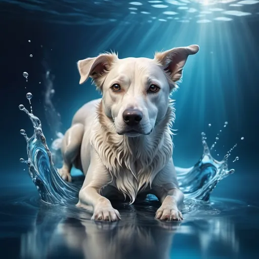 Prompt: (dog made out of water), ethereal, translucent, flowing forms, aqua-blue tones, cool lighting, serene atmosphere, smooth textures, ultra-detailed, photorealistic, high resolution, reflections and ripples, subtle shimmer, mystical aura, navy and cerulean splashes in background, HD quality, high depth, intricate details, immersive.