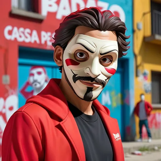 Prompt: (un homme en costume de Casa de Papel avec masque de Casa de Papel), (Badzo BM), personnage charismatique et audacieux, expression confiante, ambiance urbaine, style de rappeur, arrière-plan de rue graffiti,ecriture BADZO BM derrier le fond
 luminosité intense et dynamique, couleurs vives, mise en scène haute en énergie, détouré de manière nette, 4K, ultra-détaillé.