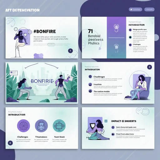 Prompt: Create a sleek, modern PPT template for a hackathon project on *Bonfire*, a mental wellness app. Use calming colors like teal and light blue with bold purple/navy accents for the VR Rage Room feature. Include clean fonts, tech-inspired icons, and subtle animations. Slides: 1) Problem Statement, 2) Introduction, 3) Feasibility (Tech, Market, Financial), 4) Challenges, 5) Strategies, 6) Tech Stack, 7) Team Members, 8) Impact & Benefits.