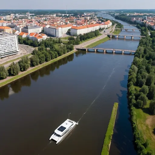 Prompt: vilnius city with electric catamaran on Neris river near white bridge and with Konstitucijos st. view