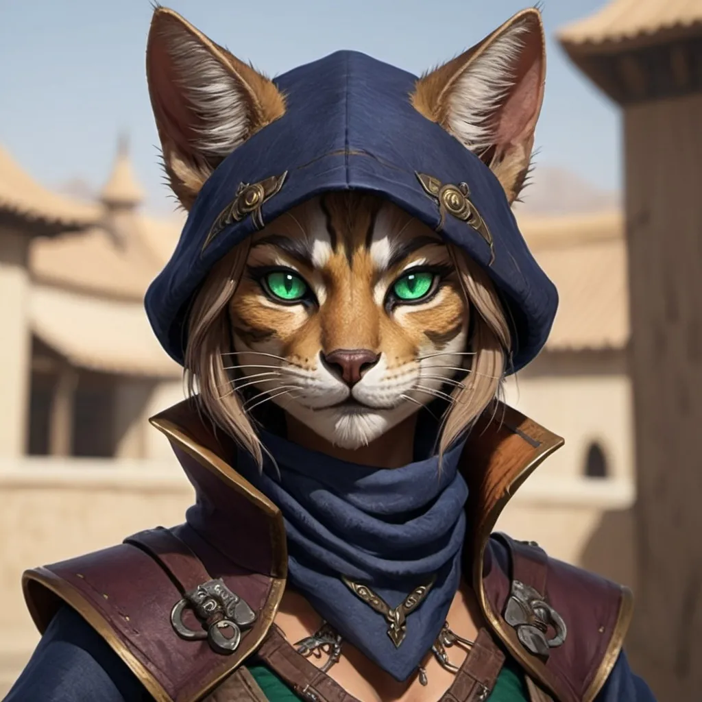 Prompt: A female tabaxi rogue with dark indigo fur and emerald eyes